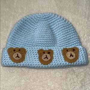 Baby’s Blue Knit Beanie with Bear Accents